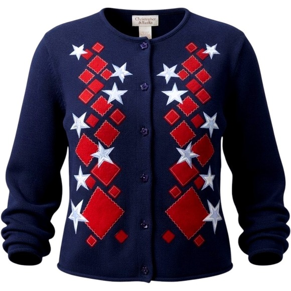 Christopher & Banks Sweaters - Christopher & Banks Womens XL Navy Blue Patriotic Star Diamond Cardigan Teacher